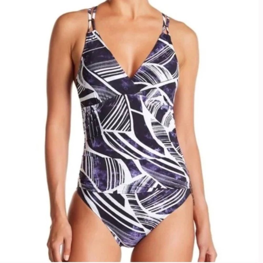 NEW La Blanca Bali Hai Surplice One Piece Swimsuit Fitted Purple Multi. sz 14.